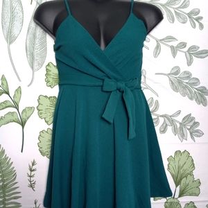 Teal V-neck Spaghetti Strap Skater Dress